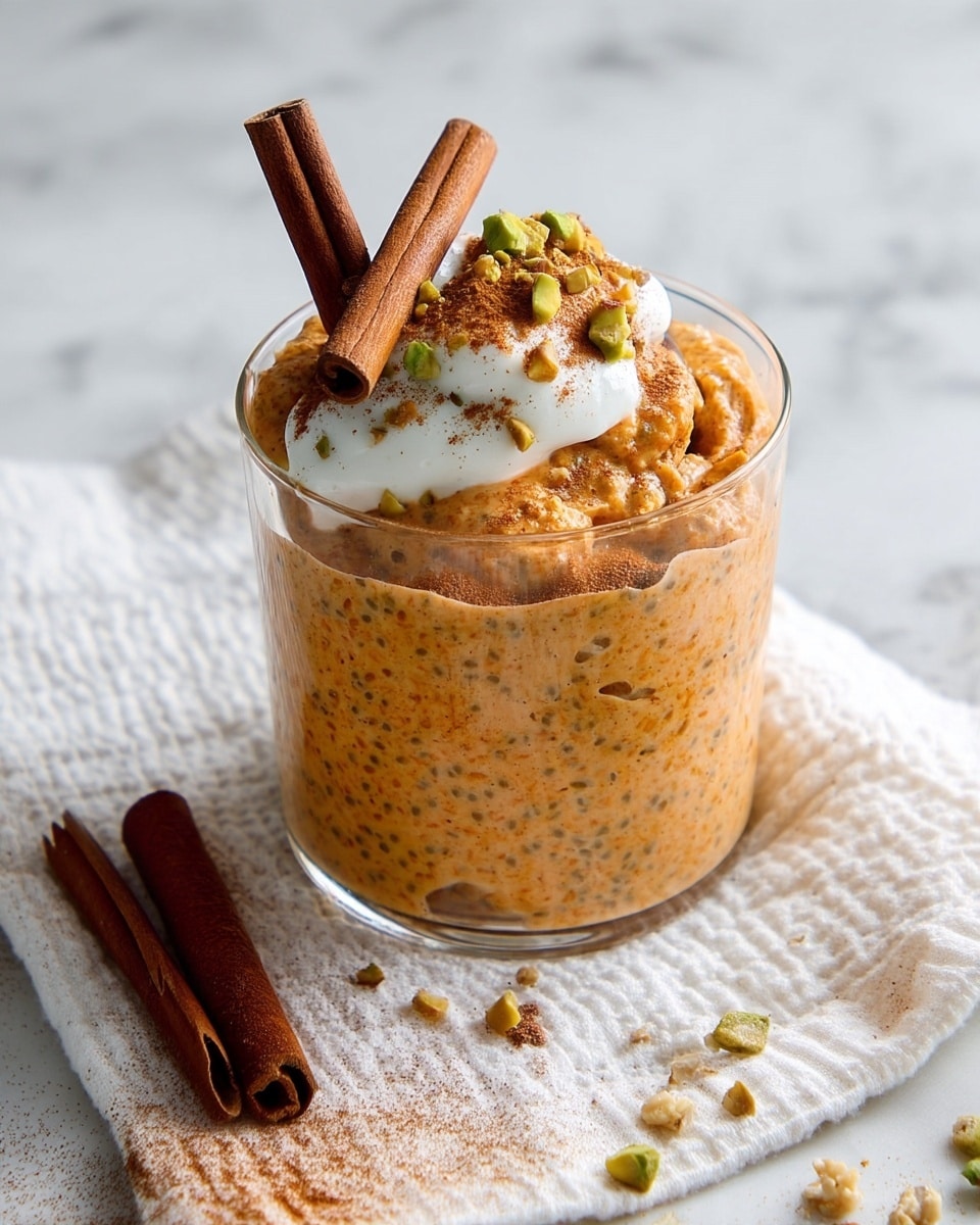 A clear glass filled with a creamy, light orange textured pudding mixed with small visible seeds and bits throughout, topped with a dollop of white whipped cream sprinkled with brown cinnamon powder and chopped nuts, finished with two cinnamon sticks placed diagonally on top. The glass sits on a white cloth with cinnamon powder and chopped nuts scattered around, against a white marbled surface. Another similar glass with the same dessert is blurred in the background. Photo taken with an iphone --ar 4:5 --v 7