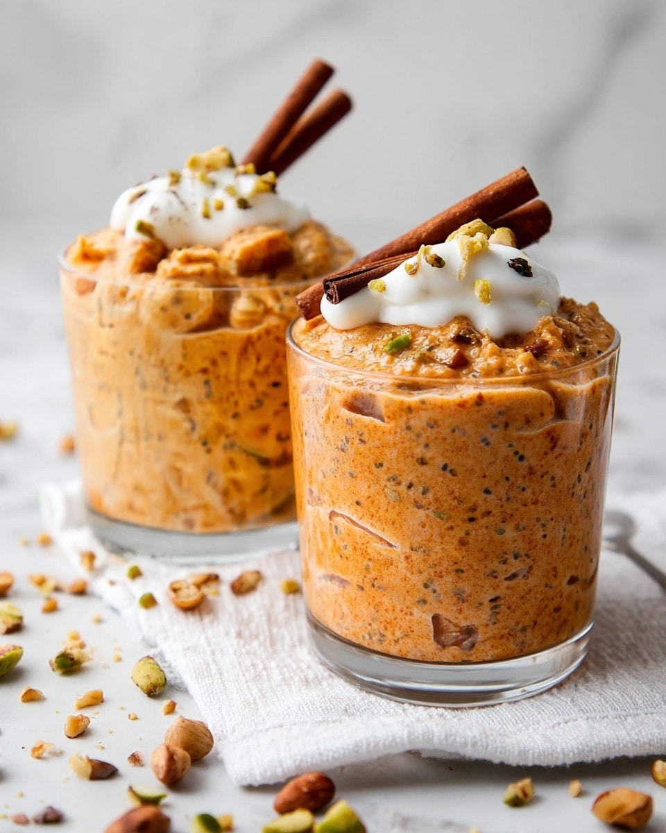 Two clear glasses filled with a thick, textured orange mixture that looks creamy and speckled with small seeds or spices, each topped with a dollop of white cream and sprinkled with small chopped nuts. On top of each cream dollop, two cinnamon sticks are placed diagonally. The glasses sit on a soft, folded white cloth on a white marbled surface, surrounded by scattered chopped nuts and additional cinnamon sticks. The background is softly blurred with light, neutral tones, adding to the cozy and inviting feel. Photo taken with an iphone --ar 4:5 --v 7