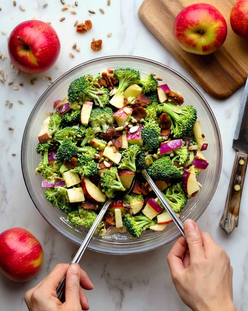 A clear glass bowl filled with a salad that has three main layers mixed together: bright green broccoli florets, chunks of light yellow apple with red skin, and small bits of brown nuts or seeds. The salad has a creamy light dressing coating the ingredients, giving a slightly shiny look. Two silver spoons are held by two hands close to the bowl, one spoon digging into the salad. The bowl is placed on a white marbled surface, with a wooden cutting board to the right showing a knife and two cut apple halves with red skin and cream inside. Scattered seeds are also visible on the surface around the bowl. Photo taken with an iphone --ar 4:5 --v 7