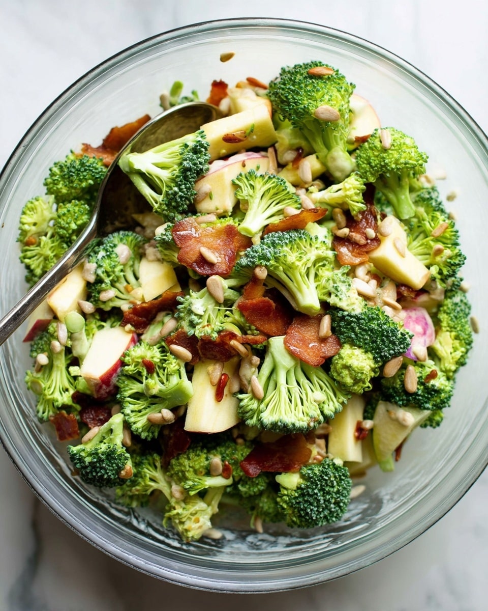 A clear glass bowl filled with a broccoli salad showing three main layers: bright green broccoli florets with a rough texture on top, creamy light beige dressing scattered unevenly on the broccoli, and small light brown sunflower seeds sprinkled throughout. Below the broccoli, there are cream-yellow apple chunks with smooth edges, and crispy dark red-brown bacon pieces dispersed evenly. The bowl sits on a white marbled surface, and a silver spoon is partially inside the bowl. Photo taken with an iphone --ar 4:5 --v 7
