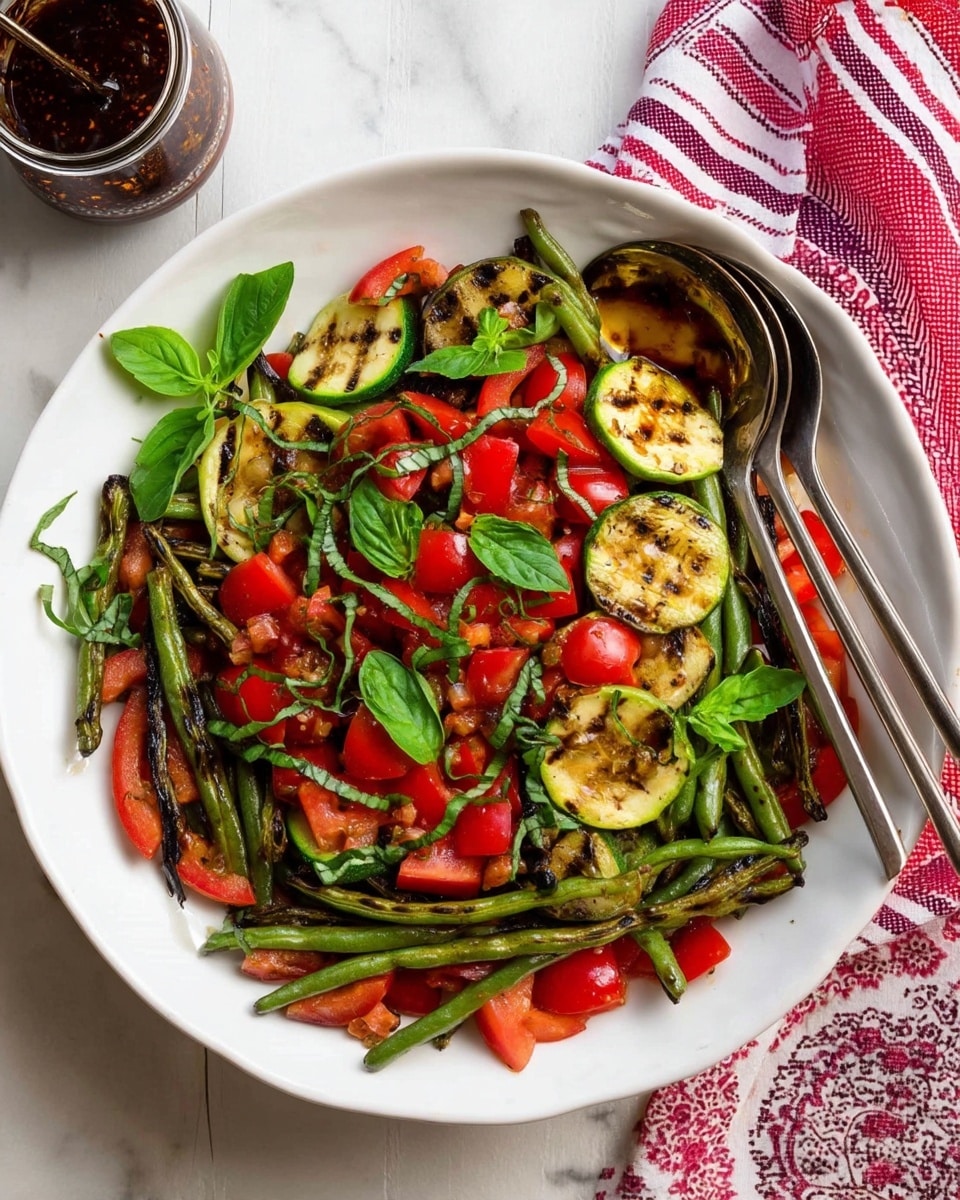 A white round plate holds a colorful grilled vegetable salad with two metal serving spoons resting on the right side. The dish has layers of dark green charred long green beans, slices of grilled zucchini with dark grilled lines, and bright red chopped tomato pieces. Fresh green basil leaves and thinly sliced basil strips are scattered on top. The plate sits on a white marbled surface next to a red and white patterned cloth on the upper right side and a jar of dark sauce on the upper left corner. photo taken with an iphone --ar 4:5 --v 7