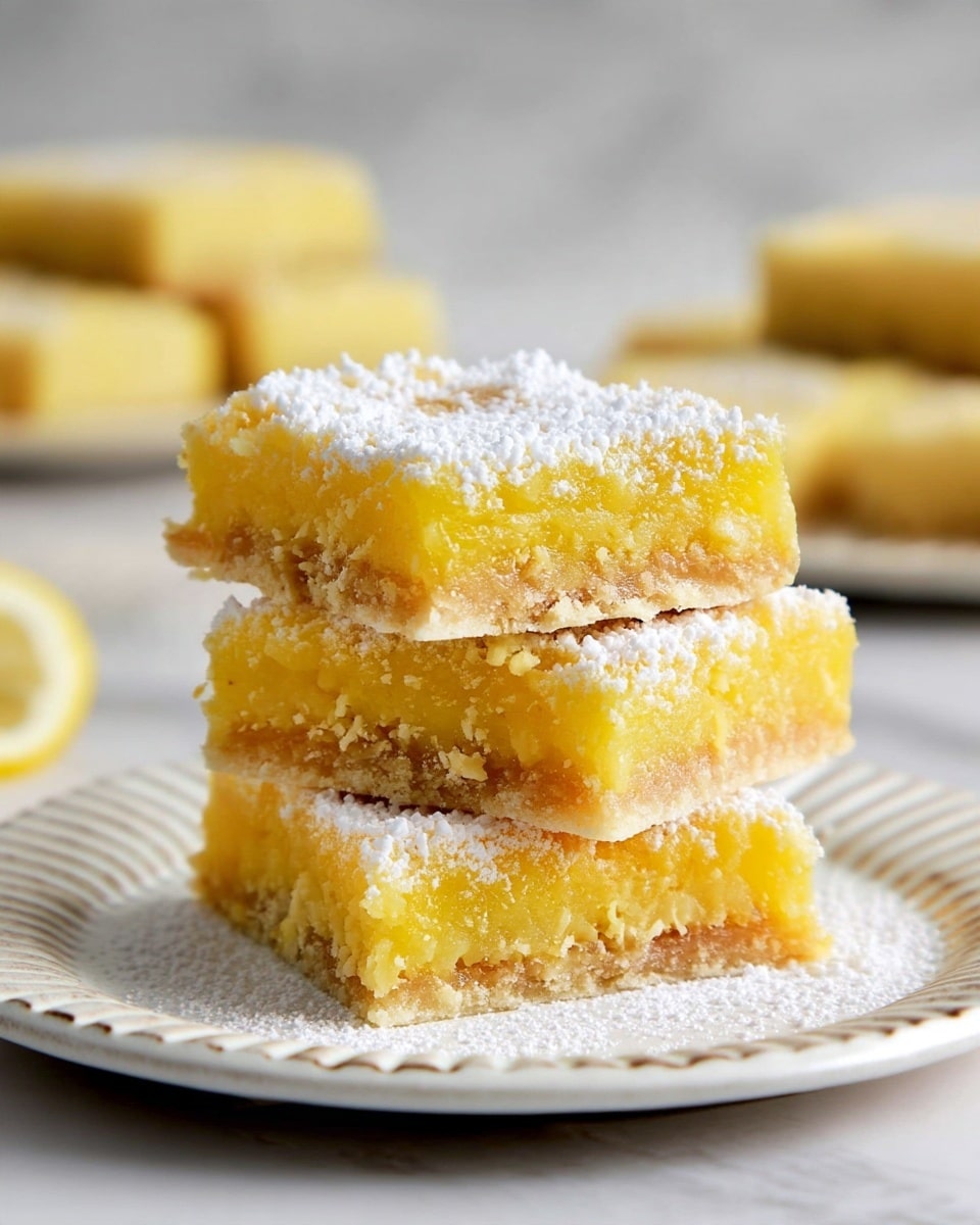 A stack of three square lemon bars sits in the center of a white plate with a textured edge, placed on a white marbled surface. Each lemon bar has two layers: the bottom layer is a thin, golden-brown crust with a firm texture, and the top layer is a thick, bright yellow lemon filling with a slightly crumbly texture. The top is sprinkled with fine white powdered sugar, adding a light dusting that contrasts softly with the yellow filling. In the background, more lemon bars are blurred on the same white marbled surface. photo taken with an iphone --ar 4:5 --v 7