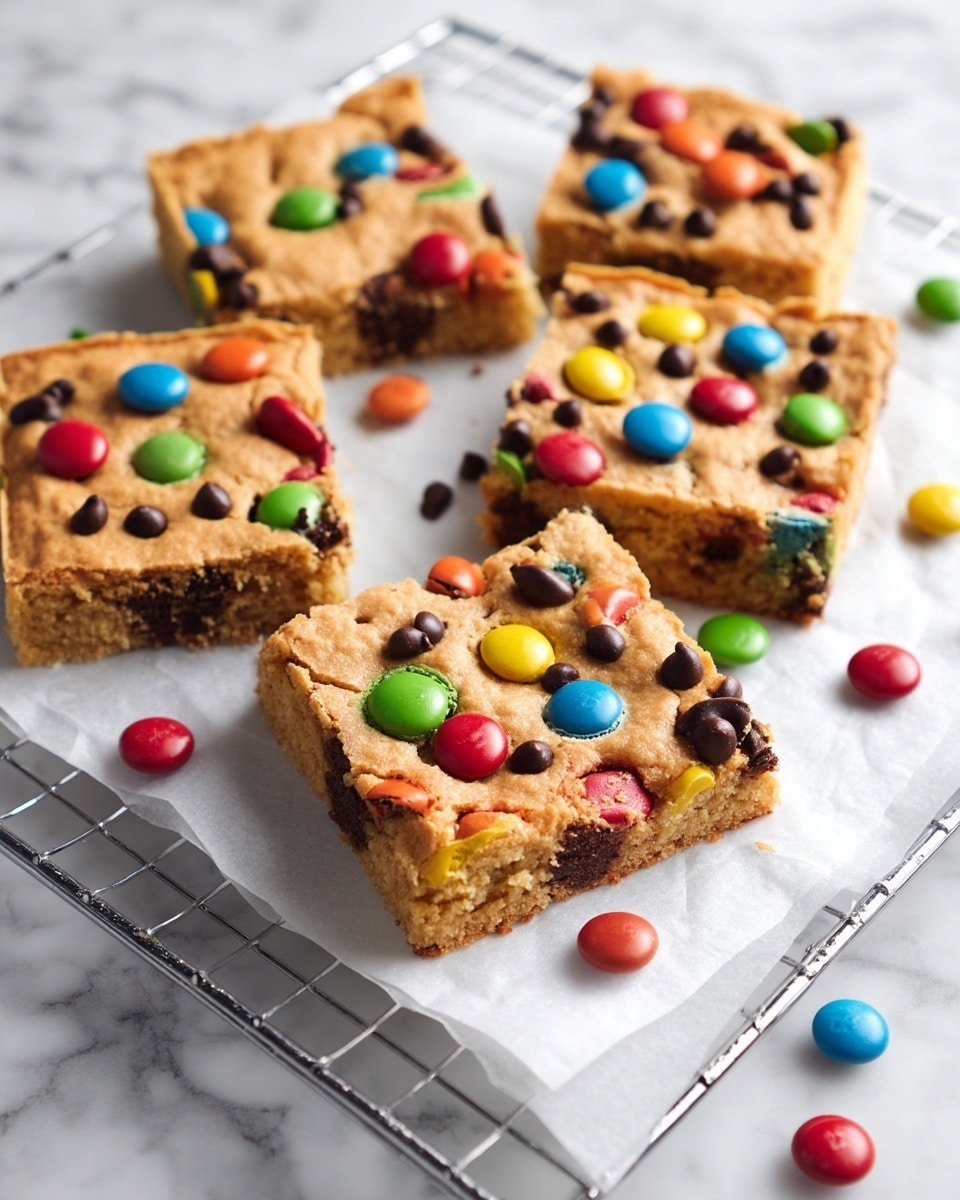 The image shows six square pieces of cookie bars placed on white parchment paper over a wire cooling rack. Each bar has a thick, golden-brown base studded with small dark chocolate chips baked into the dough. On top, there are colorful candy-coated chocolates in bright red, green, blue, yellow, and orange scattered unevenly across the surface. Some of the candy pieces are slightly melted or cracked, revealing chocolate inside. The cookie bars have a soft and slightly crumbly texture with visible edges and corners, and there are a few loose candy pieces and chocolate chips scattered around them on the white marbled surface. photo taken with an iphone --ar 4:5 --v 7
