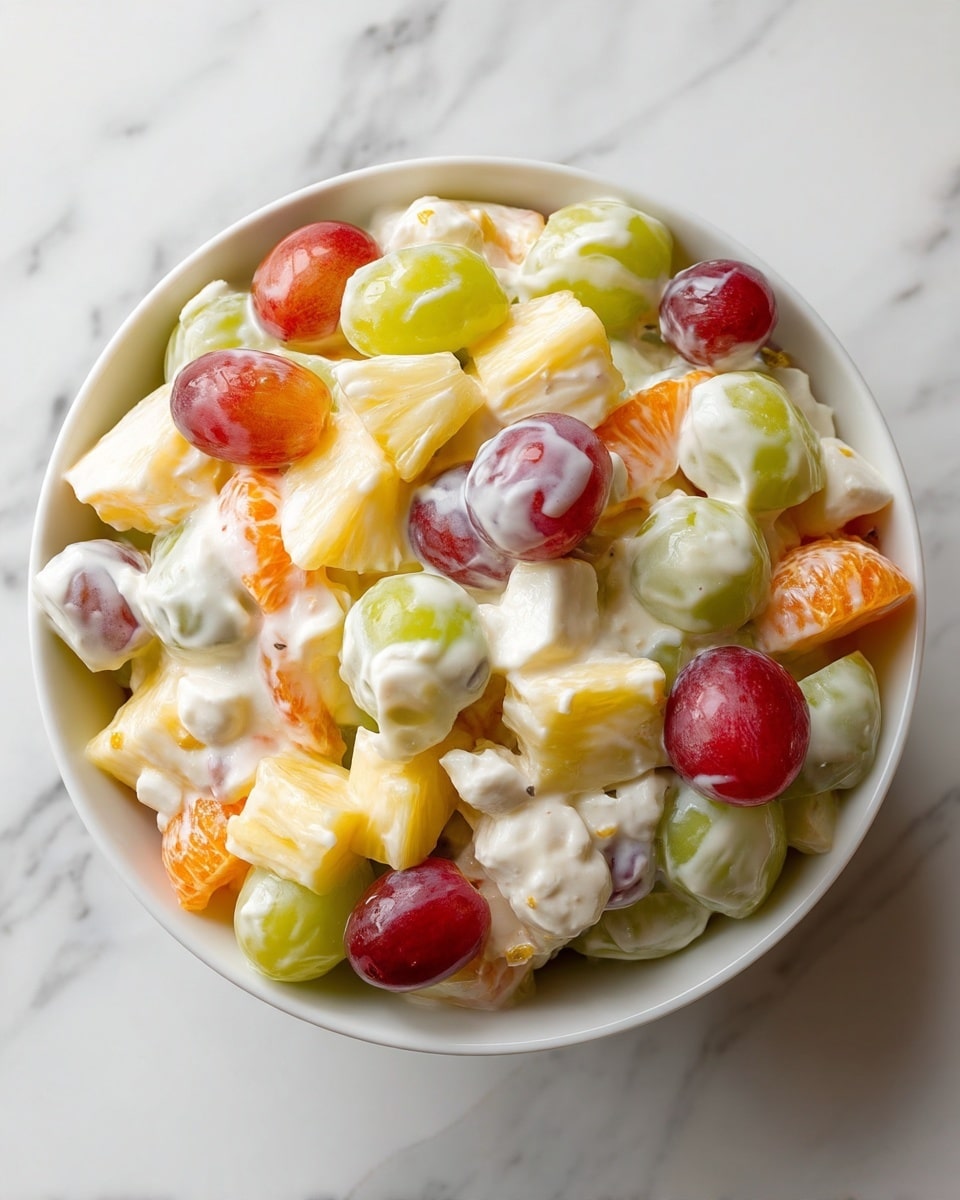A white bowl filled with a creamy fruit salad showing mixed layers of light green grapes, red grapes, bright orange mandarin slices, yellow pineapple chunks, and small white cottage cheese curds, all covered in a thick white creamy dressing, with the bowl resting on a white marbled surface. photo taken with an iphone --ar 4:5 --v 7