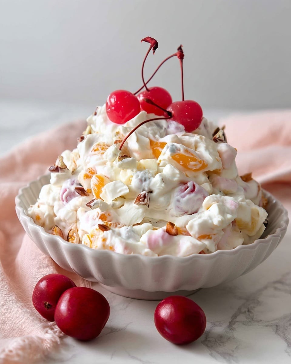 A mound of creamy white salad mixed with visible pieces of orange fruit, light pink bits, and small nut chunks sits in a white scalloped-edge bowl. The salad has a thick, fluffy texture and is topped with bright red cherries with long stems standing upright. The bowl is on a white marbled surface with a soft pink cloth nearby. Photo taken with an iphone --ar 4:5 --v 7
