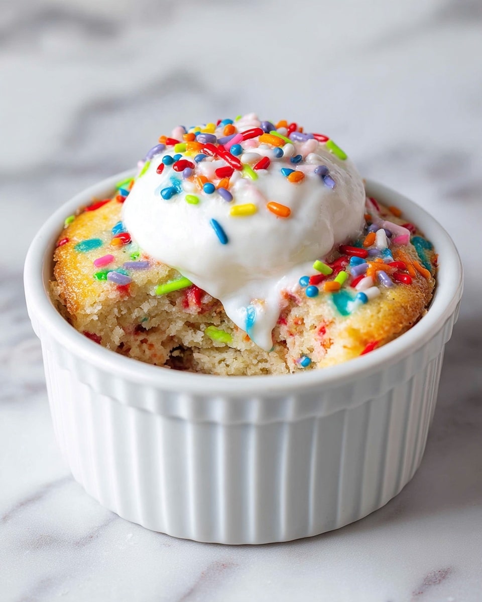 A white ramekin holds a single thick layer of light beige cake mixed with colorful sprinkles in red, green, blue, yellow, orange, and purple. On top, there is a smooth, glossy white dollop of frosting or cream that slightly drips down one side. A small section of the cake is scooped out, revealing the soft, fluffy inside with more specks of sprinkles. The dish sits on a white marbled surface. Photo taken with an iphone --ar 4:5 --v 7