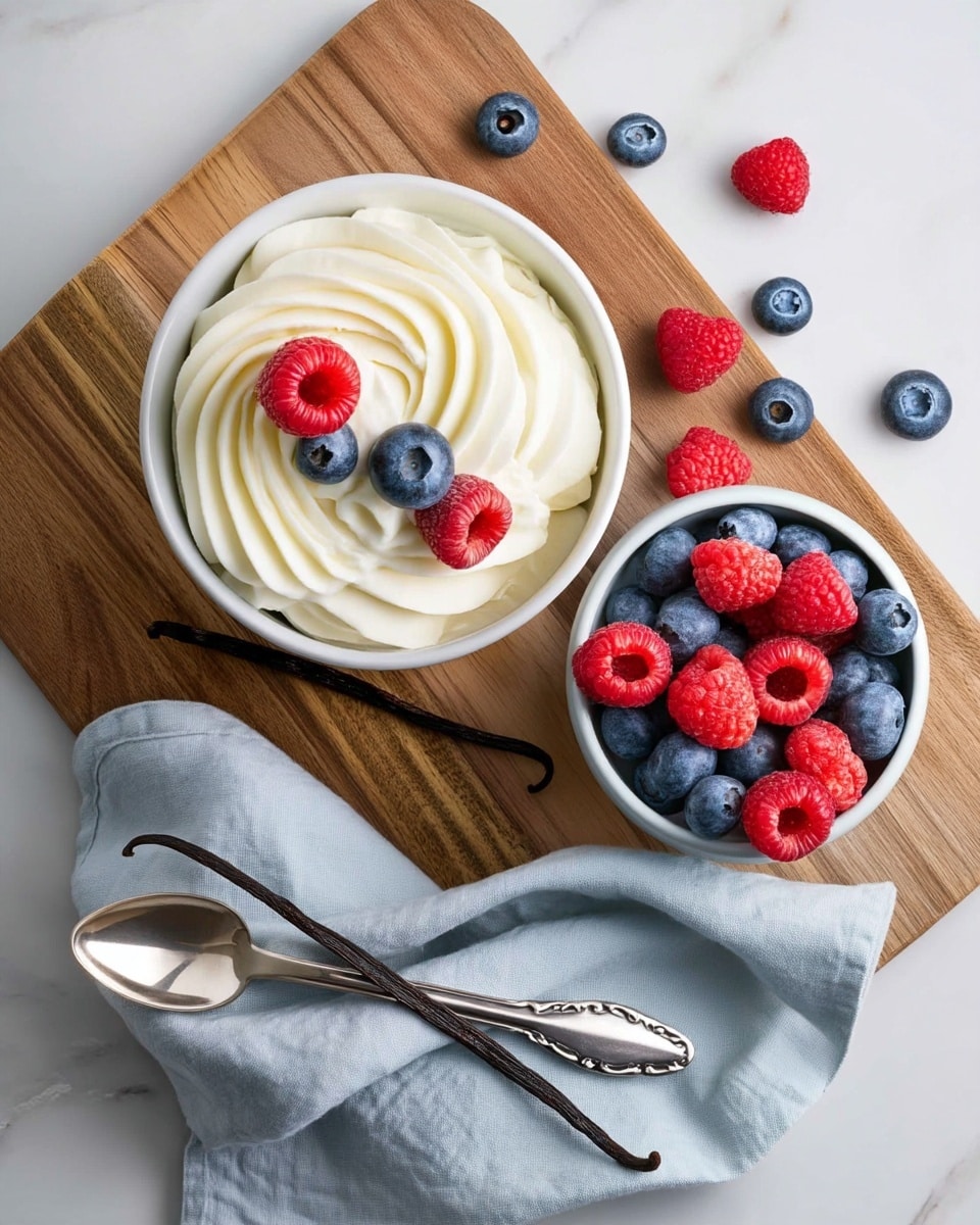 A white bowl filled with white whipped cream swirled in a circle, topped with two red raspberries and two blue blueberries placed near the center. Next to it, a white bowl is filled with a mix of red raspberries and blue blueberries, some berries spilled slightly onto the white marbled surface. Both bowls are placed on a wooden board with a silver spoon resting on top. A light blue cloth is draped casually over the bottom part of the wooden board. A dark vanilla pod lies horizontally on the board near the front edge. photo taken with an iphone --ar 4:5 --v 7
