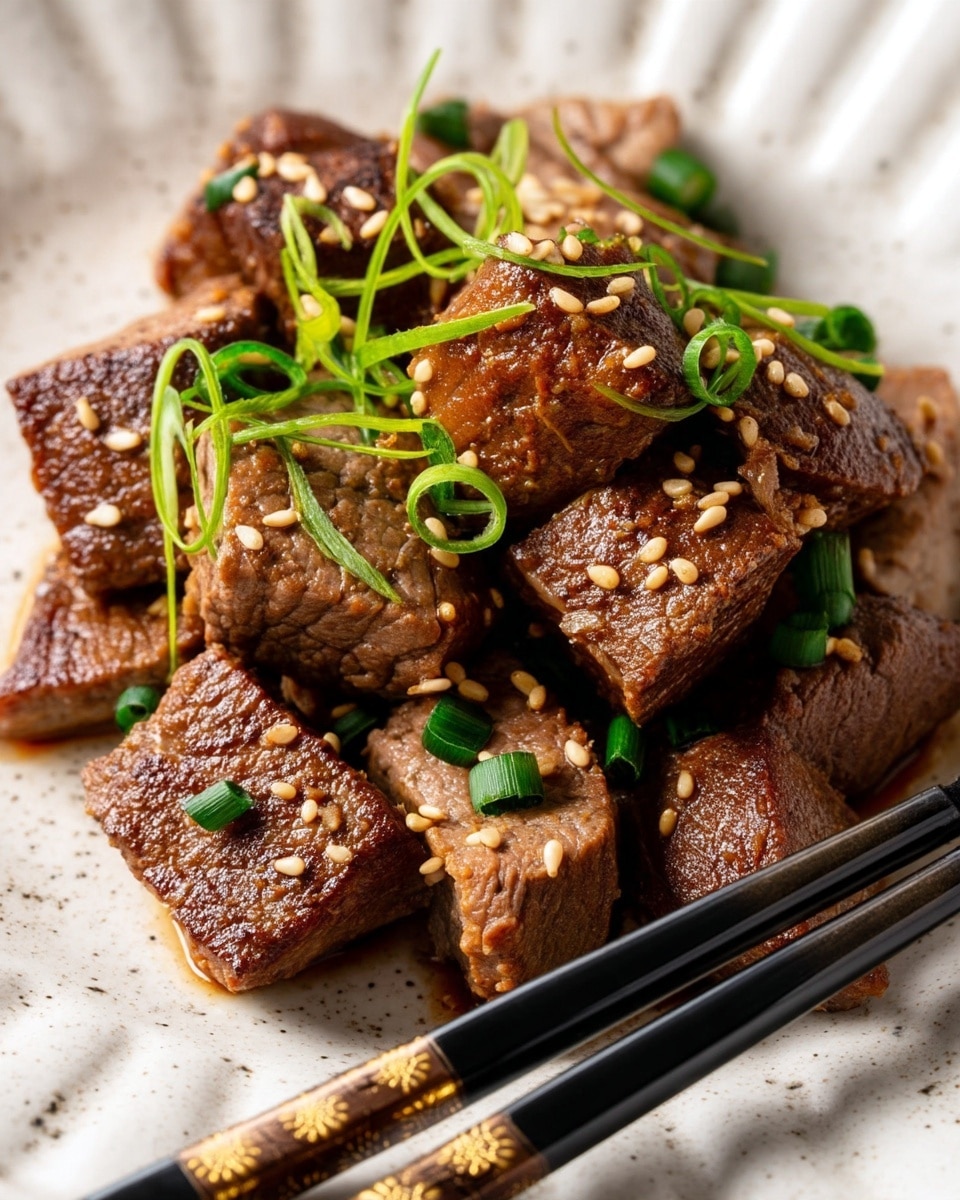 Chunks of cooked beef form the base layer, each piece showing a browned, slightly seared texture, piled in the middle of a white speckled plate. On top, a generous sprinkle of light tan sesame seeds adds a bit of roughness and small dots of cream color. Scattered green onion pieces add fresh green color contrast, cut into small loops and spread evenly across the meat. Near the bottom corner, a pair of black chopsticks with gold pattern rests gently on the white marbled surface. The light source softly highlights the moist surface of the beef, capturing the meat's fibrous texture and the fresh vegetables on top. Photo taken with an iphone --ar 4:5 --v 7