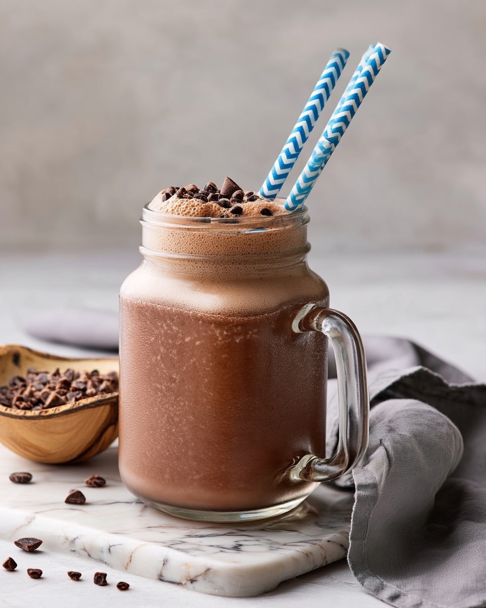 A glass mug filled with a thick, brown chocolate drink topped with a light, foamy layer and scattered small dark chocolate pieces. Two blue and white zigzag-patterned paper straws stand upright in the drink, adding a splash of color. The mug is placed on a white marbled surface with a light gray cloth casually folded beside it. Nearby, a small wooden bowl contains more chocolate pieces, with a few scattered on the surface. photo taken with an iphone --ar 4:5 --v 7
