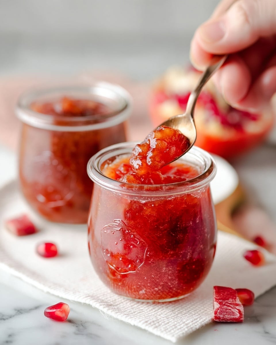 A close-up view of two small clear glass jars filled with thick, chunky, reddish-orange jam, with visible pieces of fruit inside. One jar is in the foreground placed on a white textured cloth on a white marbled surface, with a woman's hand holding a silver spoon scooping the jam from the jar. In the background, the second jar of jam is slightly out of focus, and scattered small red fruit pieces lie on the surface near the jar. The jam has a glossy, sticky texture that catches the light. Photo taken with an iphone --ar 4:5 --v 7