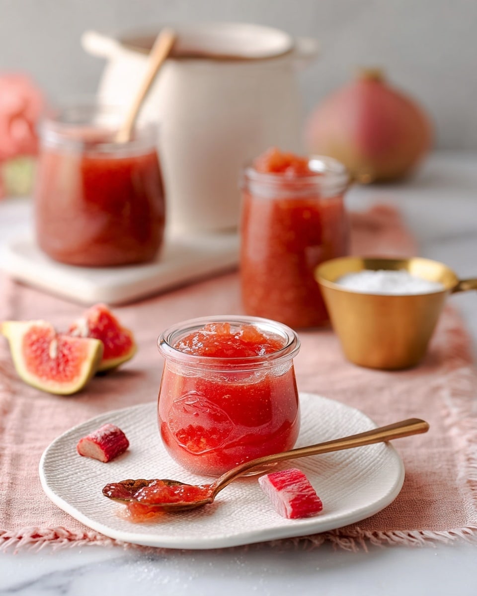 A small glass jar filled with thick reddish jam sits on a textured white plate, surrounded by three small bright red chunks of fruit. In front of the jar, a long gold spoon with some jam on it rests on the plate. Behind the plate on a soft pink cloth are two smaller glass jars also filled with the same jam. A golden cup filled with a white powdery substance sits to the side on the cloth. In the background, a large white pot holds more reddish jam with a spoon in it, all placed on a white marbled surface. photo taken with an iphone --ar 4:5 --v 7
