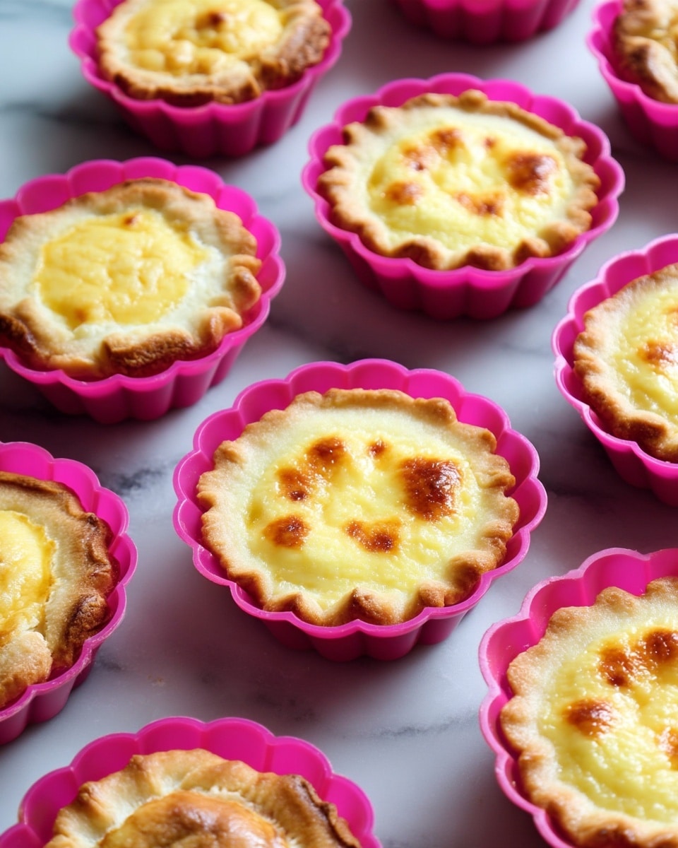 The image shows several small, round baked egg tarts resting inside bright pink silicone baking cups with scalloped edges, placed on a white marbled surface. Each tart has two visible layers: a golden-brown, slightly crispy pastry crust forming the outer layer with uneven edges, and a rich, creamy yellow egg custard filling in the center with a slightly caramelized top that has a smooth and glossy texture. The tarts vary slightly in color with some darker edges indicating a baked finish. The layout is casual, with some cups empty and others filled with the tarts, creating a scattered arrangement. photo taken with an iphone --ar 4:5 --v 7