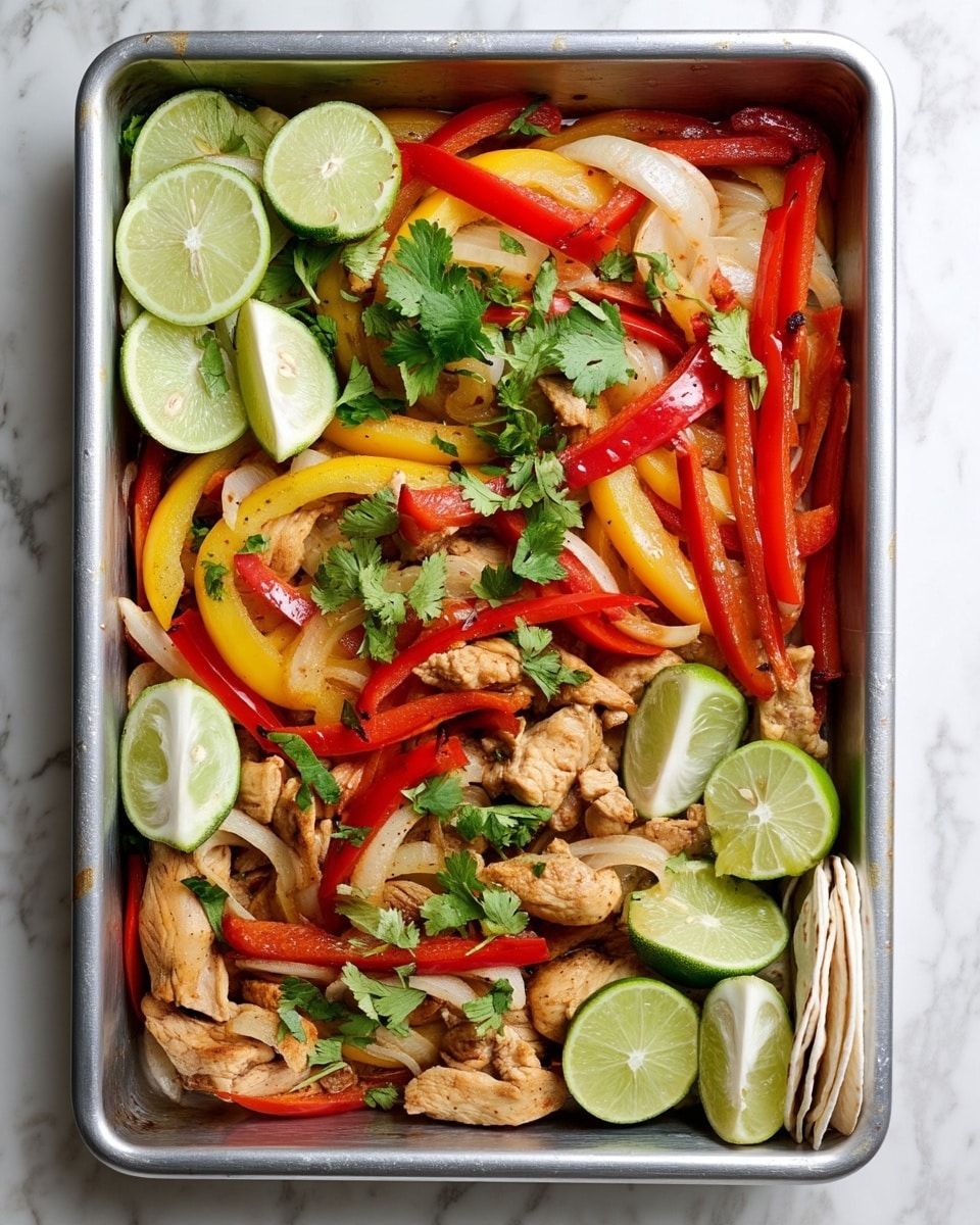 A close-up of a metal baking tray filled with cooked chicken strips that are light brown with spices, mixed with sautéed onions that are soft and translucent, red and yellow bell pepper slices that add bright color, and fresh green cilantro leaves scattered on top. There are several lime wedges with a light green peel resting on the chicken and vegetables. In the top right corner, two folded white tortillas are placed partly visible. The tray is set on a white marbled surface. photo taken with an iphone --ar 4:5 --v 7