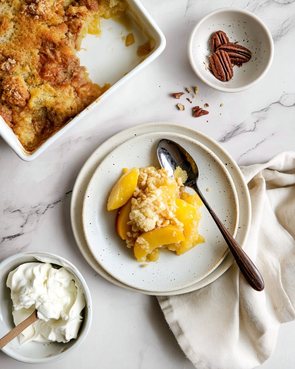 The dish is a serving of baked apple cobbler presented on a white plate with subtle speckles. The cobbler has a golden brown, crumbly top layer with a slightly crunchy texture, underneath which is a layer of soft, chunky yellow apple filling that looks juicy and tender. A swirl of fluffy white whipped cream sits on top of the cobbler, adding a creamy contrast. The plate rests on a white marbled surface with a silver spoon partially visible on the right side of the plate. In the background, there is a small white bowl containing a few pecans and a white dish with more cobbler, all sitting on the same white marbled texture. A beige cloth napkin is placed at the bottom right corner of the image. Photo taken with an iphone --ar 4:5 --v 7