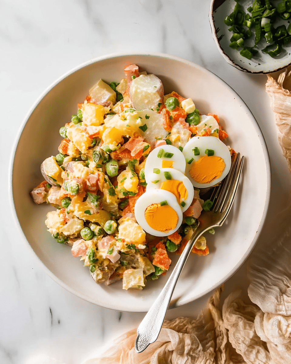 A white bowl filled with mixed salad that has small chunks of yellow potato, orange carrot, green peas, and pale pink ham, all coated with a creamy dressing, creating a textured and colorful mixture. On top are three slices of hard-boiled egg with bright yellow yolks and white edges, garnished with chopped green onions scattered throughout the salad and on the eggs. A silver fork rests inside the bowl, angled towards the bottom right. The bowl is placed on a white marbled surface with a small white plate of chopped green onions in the top right corner and a beige crumpled cloth at the bottom right. Photo taken with an iphone --ar 4:5 --v 7