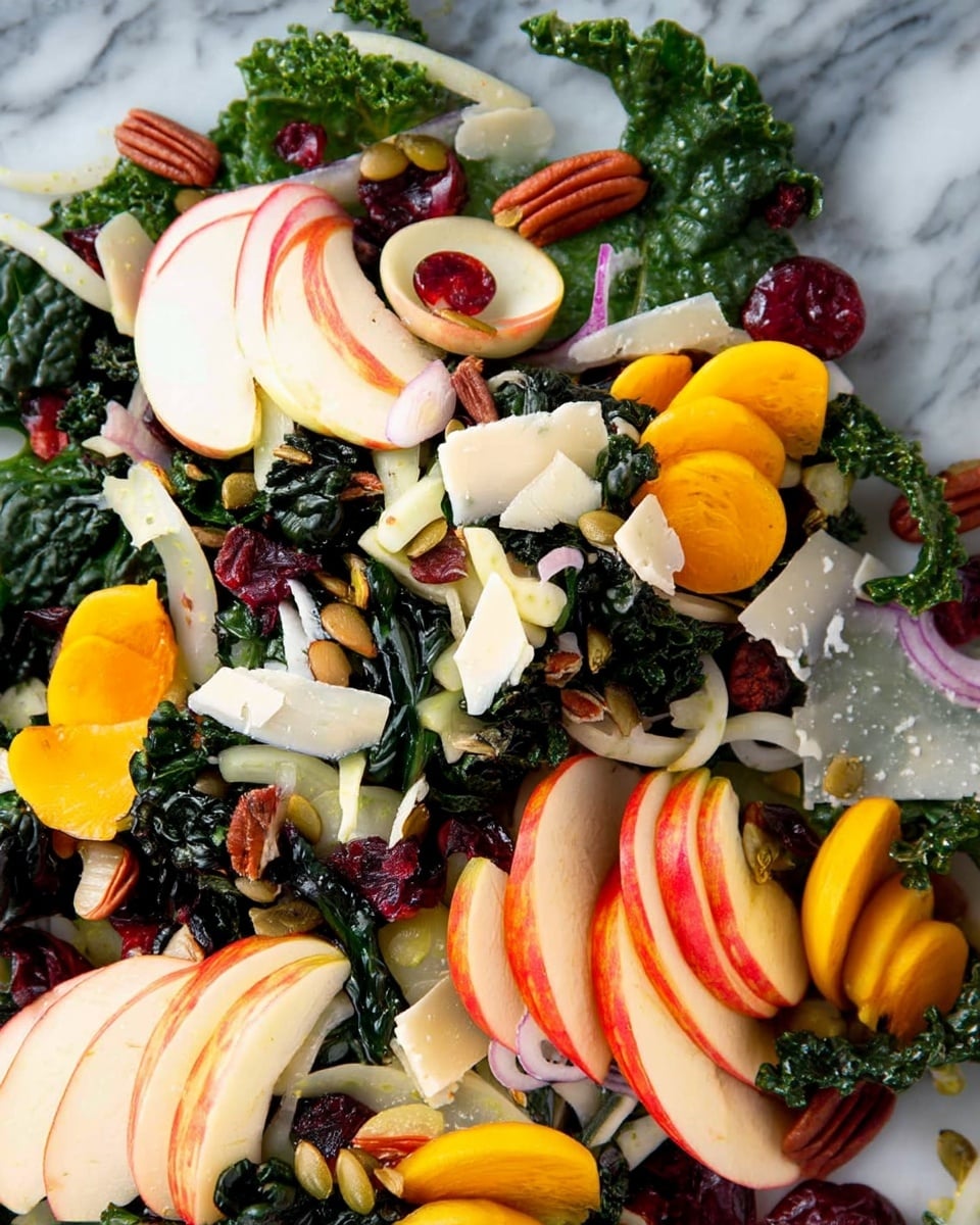 A close-up view of a colorful layered salad on a white marbled texture, featuring dark green curly kale leaves as the base layer, scattered with thinly sliced white fennel pieces for a crunchy texture. On top, thin, curved slices of red-striped apple and bright orange persimmon slices are arranged in small clusters. The salad is also dotted with deep red dried cranberries, small green pumpkin seeds, and chunks of pecan nuts adding variety. Thin, long, off-white slices of shaved cheese are gently placed across the salad, giving a creamy contrast against the greens and fruits. photo taken with an iphone --ar 4:5 --v 7