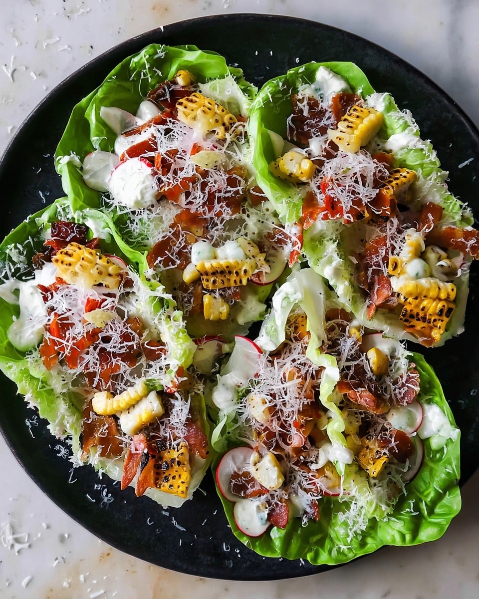 This image shows several lettuce wraps placed on a black plate over a white marbled surface. Each wrap has three visible layers: the base is bright green butter lettuce leaves, filled with a mix of grilled corn pieces with light brown char marks, thin red-rimmed slices of radish, and crispy reddish-brown bacon strips. The wraps are topped with a drizzle of creamy white dressing and a generous layer of finely grated white cheese that covers the lettuce and toppings unevenly, giving a textured look. Photo taken with an iphone --ar 4:5 --v 7