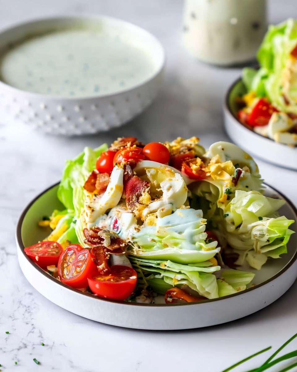 A wedge salad served on a white plate with a dark rim, showing a thick quarter wedge of bright green lettuce at the base. The lettuce is topped with chunks of creamy white boiled eggs, small shiny red cherry tomatoes, crispy dark brown bacon pieces, and a drizzle of creamy white dressing with green herb flecks. The salad is sprinkled with light brown crunchy bits over the top. The plate sits on a white marbled surface, and a glass jar with dressing is slightly blurred in the background. Photo taken with an iphone --ar 4:5 --v 7