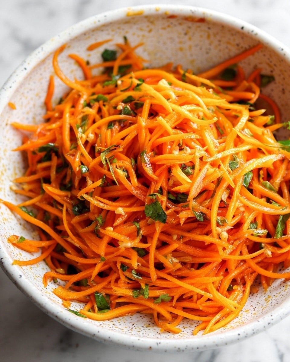 The image shows a close-up view of a bowl filled with a single layer of bright orange shredded carrots mixed with small pieces of green herbs, likely cilantro. The carrot shreds are thin, long, and have a smooth, slightly shiny texture, suggesting they are lightly coated with a dressing or oil. The white bowl has light speckles and is filled nearly to the top with the carrot salad. The background surface visible around the bowl is a white marbled texture. Photo taken with an iphone --ar 4:5 --v 7
