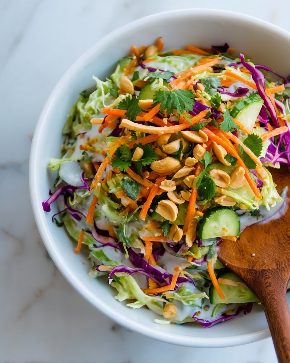 This image shows a mixed salad with many colorful layers in a white bowl placed on a white marbled surface. The top layer is a mix of thin purple cabbage strips, light green shredded cabbage, small bright orange carrot sticks, and sliced green cucumbers. There are scattered bits of cilantro leaves and light tan peanuts adding texture on the salad. Underneath, there are various chopped greens and some creamy dressing coating the ingredients lightly. A rustic wooden spoon with a dark handle is partially visible on the right side, touching the salad. The photo taken with an iphone --ar 4:5 --v 7