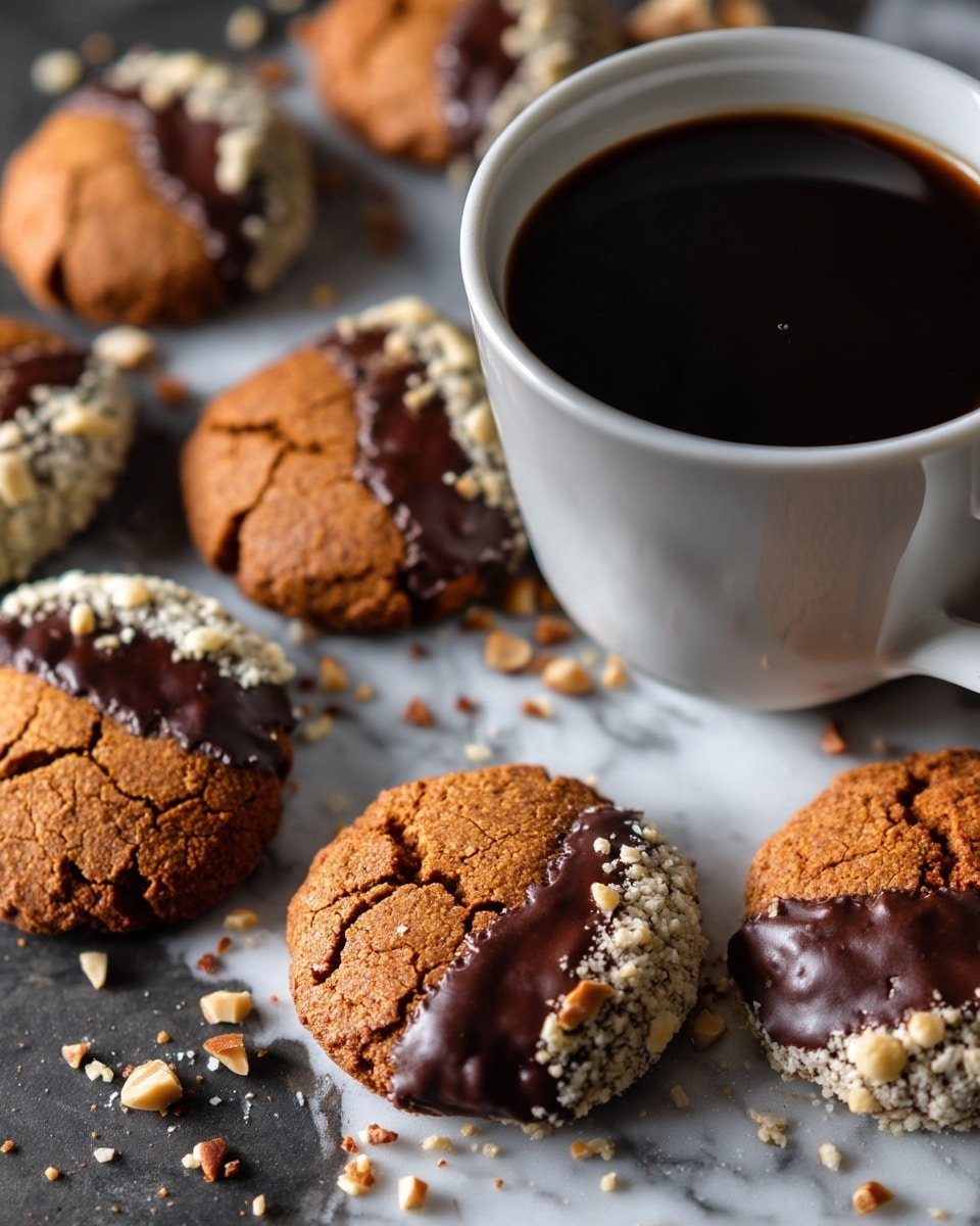 Several homemade cookies with a rough brown texture are arranged on a dark surface with a white marbled texture visible at the edges. Each cookie is partially dipped in dark chocolate and then coated on one side with a crumbly, light beige nut topping. In the background, there are two white cups and a white bowl, blurred out, adding depth to the image. The focus is on the cookies in the foreground, showing their uneven, crunchy surface. photo taken with an iphone --ar 4:5 --v 7