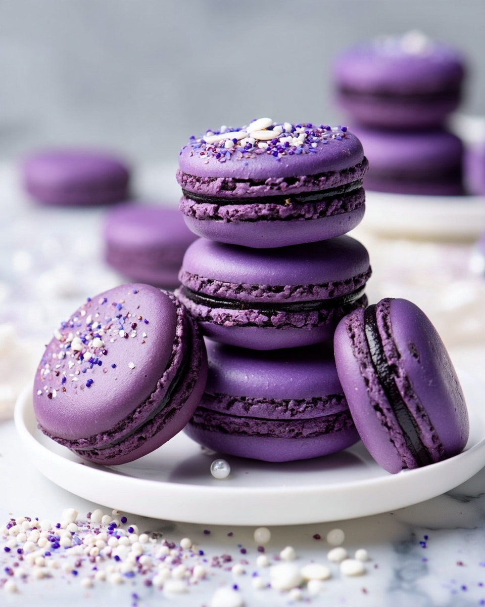 A stack of four purple macarons sits on a white plate with a white marbled texture underneath. Each macaron has two smooth, slightly shiny purple shells with a delicate, slightly rough edge layer, filled with a dark, almost black creamy filling sandwiched in the middle. One macaron leans against the stack on the right side, showing the layers clearly, while two more macarons lay flat and scattered around on the white marbled surface. Small white and pink sprinkles are scattered subtly around the plate and macarons, adding a soft decorative touch. Photo taken with an iphone --ar 4:5 --v 7