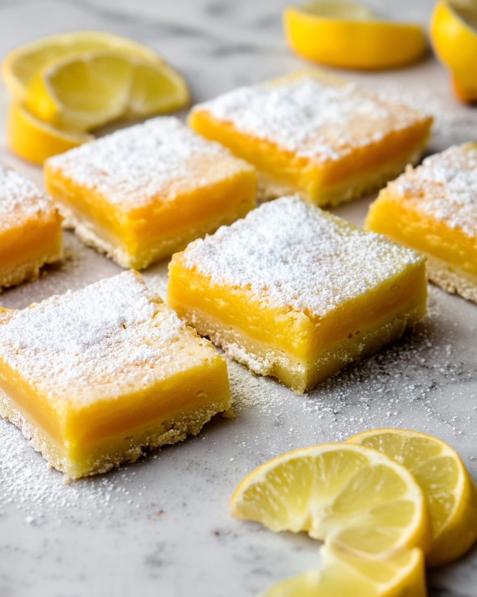 The image shows nine square pieces of lemon bars arranged on a white marbled surface. Each lemon bar has two main layers: a light yellow, smooth, and glossy lemon filling on top, and a pale beige, crumbly crust at the bottom. The top layer is dusted generously with white powdered sugar. Around the lemon bars, there are several lemon wedges placed casually, adding bright yellow color and a fresh feel to the scene. Photo taken with an iphone --ar 4:5 --v 7