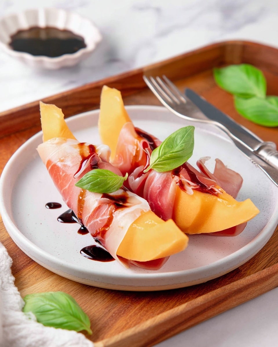 A white plate on a wooden tray holds three pieces of cantaloupe melon wrapped in thin, pink slices of prosciutto. Each melon slice is bright orange and slightly textured, with delicate folds of shiny, smooth prosciutto covering the middle. A dark balsamic glaze is drizzled on top, adding contrast and shine. Small green basil leaves are placed over and around the melon and prosciutto, adding fresh color. The plate sits on a white marbled surface with scattered basil leaves nearby. A silver fork and knife rest beside the plate. photo taken with an iphone --ar 4:5 --v 7