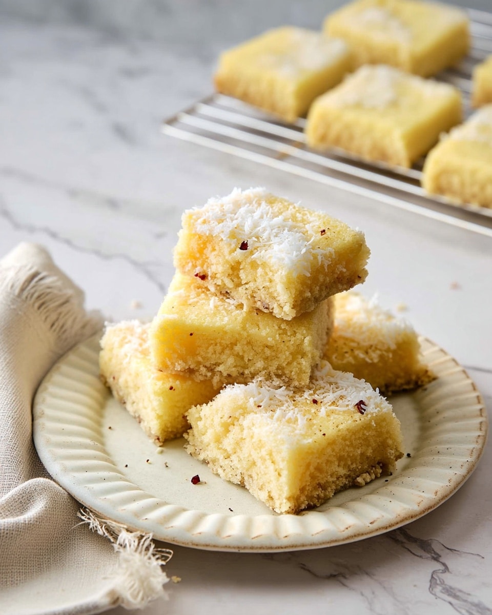 The image shows five square pieces of light yellow cake with a slightly crumbly texture on top, lightly sprinkled with white coconut flakes and tiny brown specks. The cakes are stacked unevenly on a round, white plate with a ridged edge. In the background, a few more square cakes rest on a metal cooling rack, all placed on a white marbled surface. A beige cloth with frayed edges partially frames the plate on the left side. photo taken with an iphone --ar 4:5 --v 7