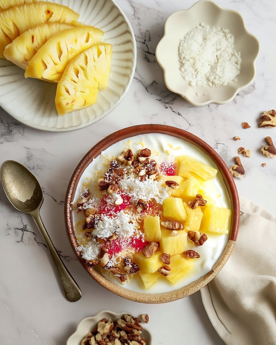 A round bowl with a brown edge filled with three layers: the bottom layer is white creamy yogurt, the middle layer is topped with chunks of yellow pineapple mixed with small red pieces, and the top layer is sprinkled with light brown chopped nuts and white shredded coconut, all sitting on a white marbled surface. Above the bowl, to the left, is a white plate holding several yellow pineapple slices arranged in a semicircle. To the top right of the bowl, a small white flower-shaped bowl contains coarse white salt. Below the main bowl, another small white flower-shaped bowl is filled with chopped nuts, with some nuts scattered on the surface. To the left side of the image, a vintage silver spoon rests on the white marbled surface, and to the right side, a soft beige cloth is placed partially visible. Photo taken with an iphone --ar 4:5 --v 7