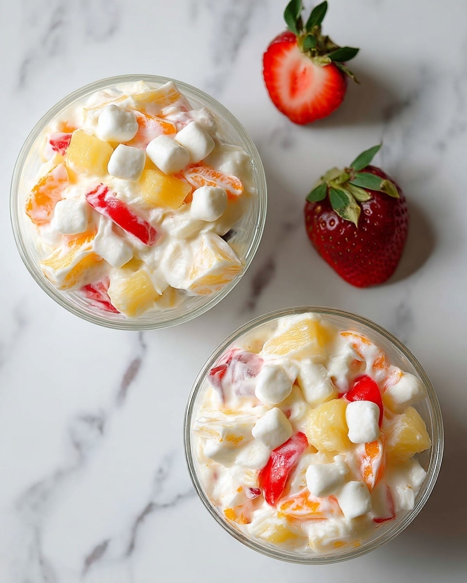 Two clear round glass bowls filled with a creamy white mixture of fruit salad are placed on a white marbled surface. Each bowl holds a mix of soft, whipped white cream with small white marshmallows and chunks of bright orange mandarin, pale yellow pineapple pieces, and red strawberry slices. The textures are creamy and soft, with the fruit pieces slightly visible through the smooth cream, creating a colorful and fresh look. A red strawberry with green leaves rests on the surface near the top right of the image. photo taken with an iphone --ar 4:5 --v 7