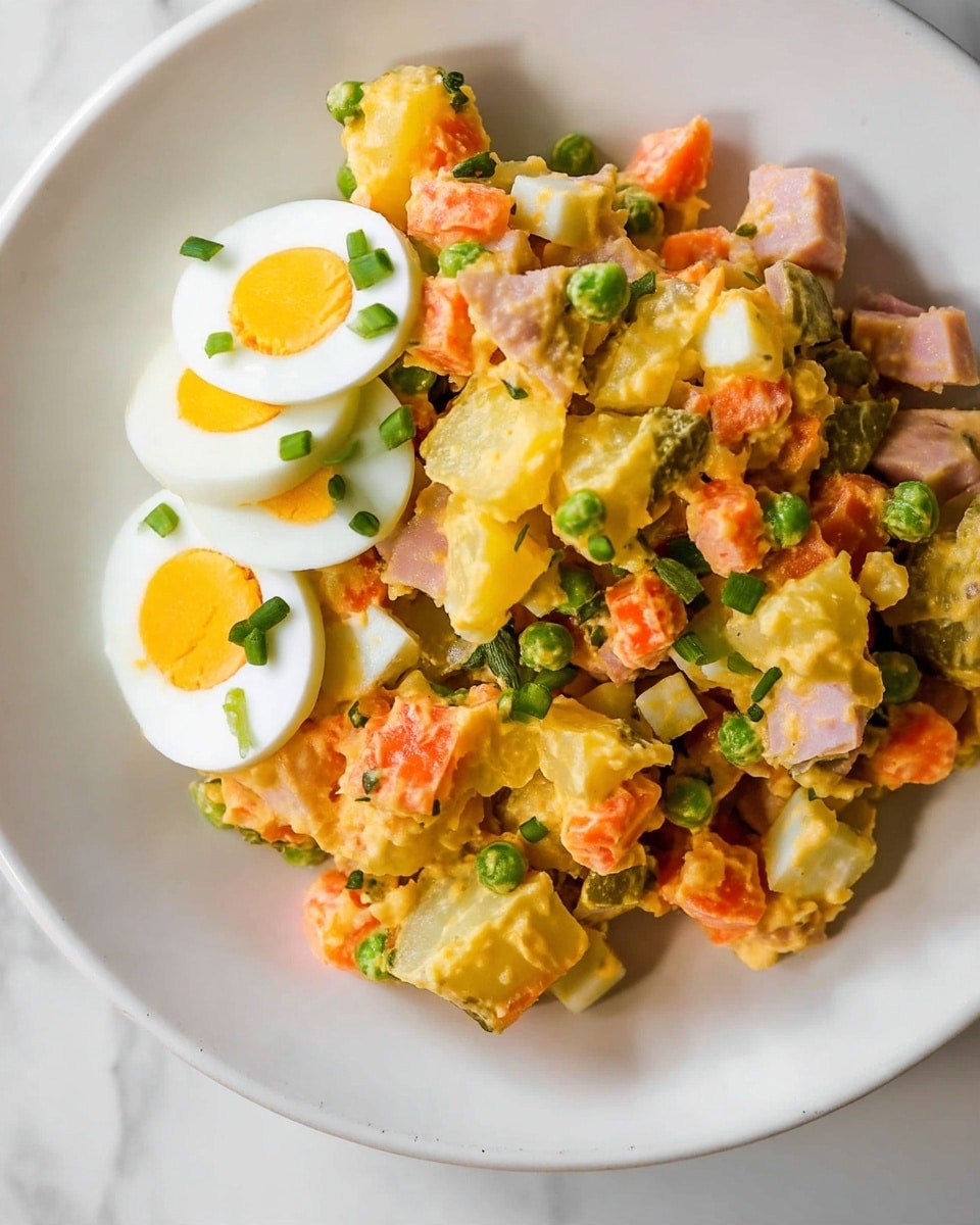 A close-up view of a colorful potato salad served on a white plate, placed on a white marbled surface. The salad has chunky layers of yellow potato pieces mixed with orange carrot cubes, small green peas, chopped green pickles, and bits of light pink ham. It is bound together with a creamy, slightly yellow dressing. On one side, three slices of hard-boiled egg with bright yellow yolks are garnished with small green herb pieces, adding a fresh touch. The textures are soft and chunky with a mix of creamy and slightly crisp elements. Photo taken with an iphone --ar 4:5 --v 7