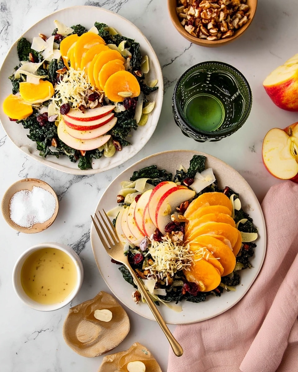 Two white plates on a white marbled surface hold a layered salad: the bottom layer is dark green kale leaves, topped with thinly sliced pale/white apple pieces arranged in a fan shape on one side, bright yellow/orange persimmon slices on the other side, scattered pale cheese shavings, and mixed nuts and dried cranberries spread throughout. A gold fork lies on the bottom plate, resting on the edge. Nearby, there is a green glass with a decorative pattern, a wooden bowl of coarse salt, a small bowl of dressing, a light pink cloth napkin, and a halved apple with yellowish flesh. Photo taken with an iphone --ar 4:5 --v 7