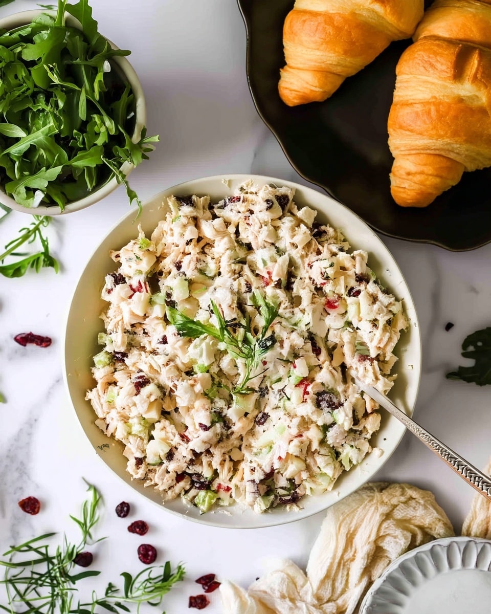 A close-up view of a white bowl filled with a mixed chicken salad featuring creamy white shredded chicken pieces combined with small bits of light green celery, diced red apple, and dark dried cranberries, all coated in a pale dressing with a slightly chunky texture; a sprig of green herb is placed on top in the center for garnish. The bowl sits on a white marbled surface with scattered dried cranberries and small green leaves around. To the left is a smaller white bowl filled with fresh, bright green arugula leaves, and the upper right shows two golden-brown, flaky croissants on a black plate. The bottom right corner reveals a beige, textured cloth and part of a white, ridged plate with a silver fork beside the salad bowl. Photo taken with an iphone --ar 4:5 --v 7