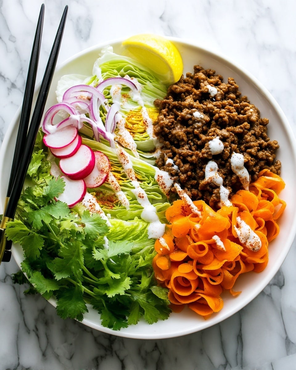 The dish is served in a white bowl on a white marbled surface, showing four main layers arranged side by side. The first layer contains cooked ground meat with a dark brown color, next to a pile of thin orange carrot slices. The third layer is made up of fresh green wedge lettuce drizzled with white sauce and sprinkled with reddish seasoning. The last section holds fresh cilantro sprigs with bright green leaves. On the left side, there are thin purple onion slices and sliced radishes with white centers and pink edges. A slice of lemon wedge rests behind the carrot slices. Black chopsticks rest on the side of the bowl. photo taken with an iphone --ar 4:5 --v 7