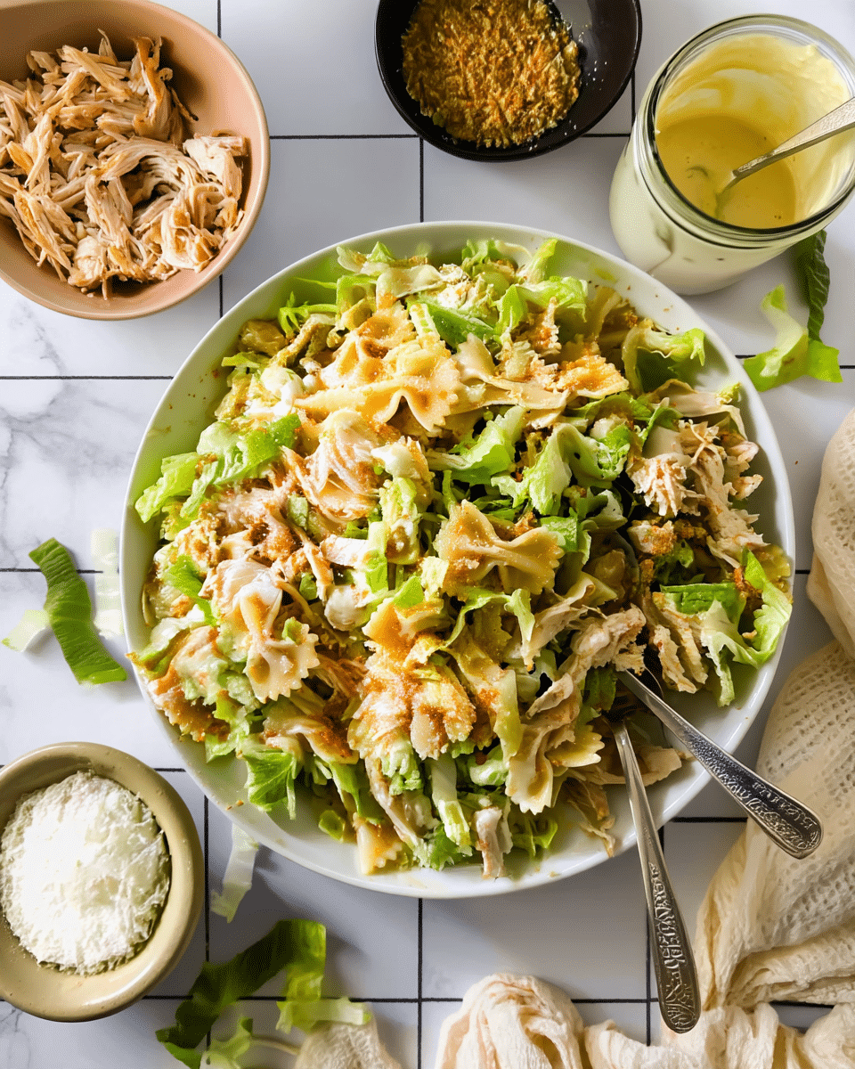 A large white bowl filled with a mixed salad showing three main layers: shredded light green lettuce, off-white bowtie pasta with some orange seasoning, and shredded light brown chicken pieces. The salad looks fresh with a slightly creamy dressing drizzled across the top. Around the bowl, there is a smaller bowl of shredded chicken on the left and a black small bowl of crushed seasoning above it. To the right of the main bowl sits a glass jar of yellowish dressing with a silver spoon inside. The whole scene is set on a white marbled surface with small pieces of lettuce and a cream textured cloth nearby. Photo taken with an iphone --ar 4:5 --v 7