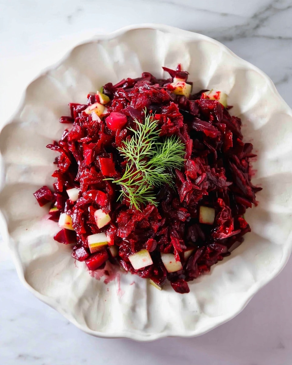 A close-up view of a single-layer salad made of finely shredded deep red beets mixed with small cubes of lighter colored vegetables, probably apple or turnip, placed on a white plate with a crinkled texture. The salad is topped with a small sprig of fresh green dill in the center. The plate sits on a white marbled surface that contrasts with the bold red of the salad. photo taken with an iphone --ar 4:5 --v 7
