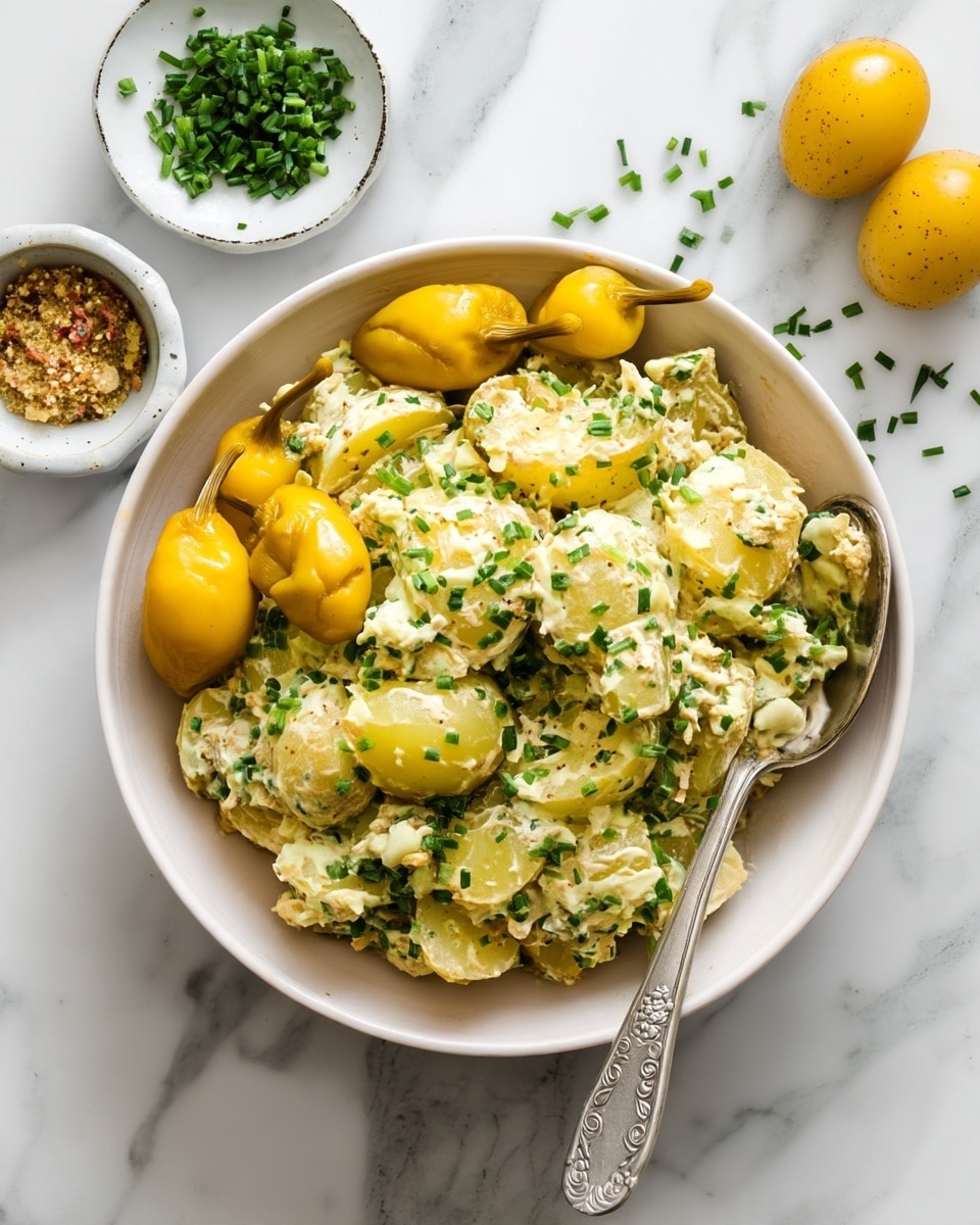 A beige bowl filled with chunky potato salad mixed with green herbs and specks of mustard seeds, giving a textured look with a mix of pale yellow and green colors; three whole yellow peppers are placed on top toward the back edge of the bowl; a silver spoon sits inside the bowl on the right side; the bowl is set on a white marbled surface with a small white bowl of green chopped herbs nearby and a white dish of grainy mustard below, a beige cloth is partially visible on the right; a large white plate with black speckles rests near the top right corner. photo taken with an iphone --ar 4:5 --v 7