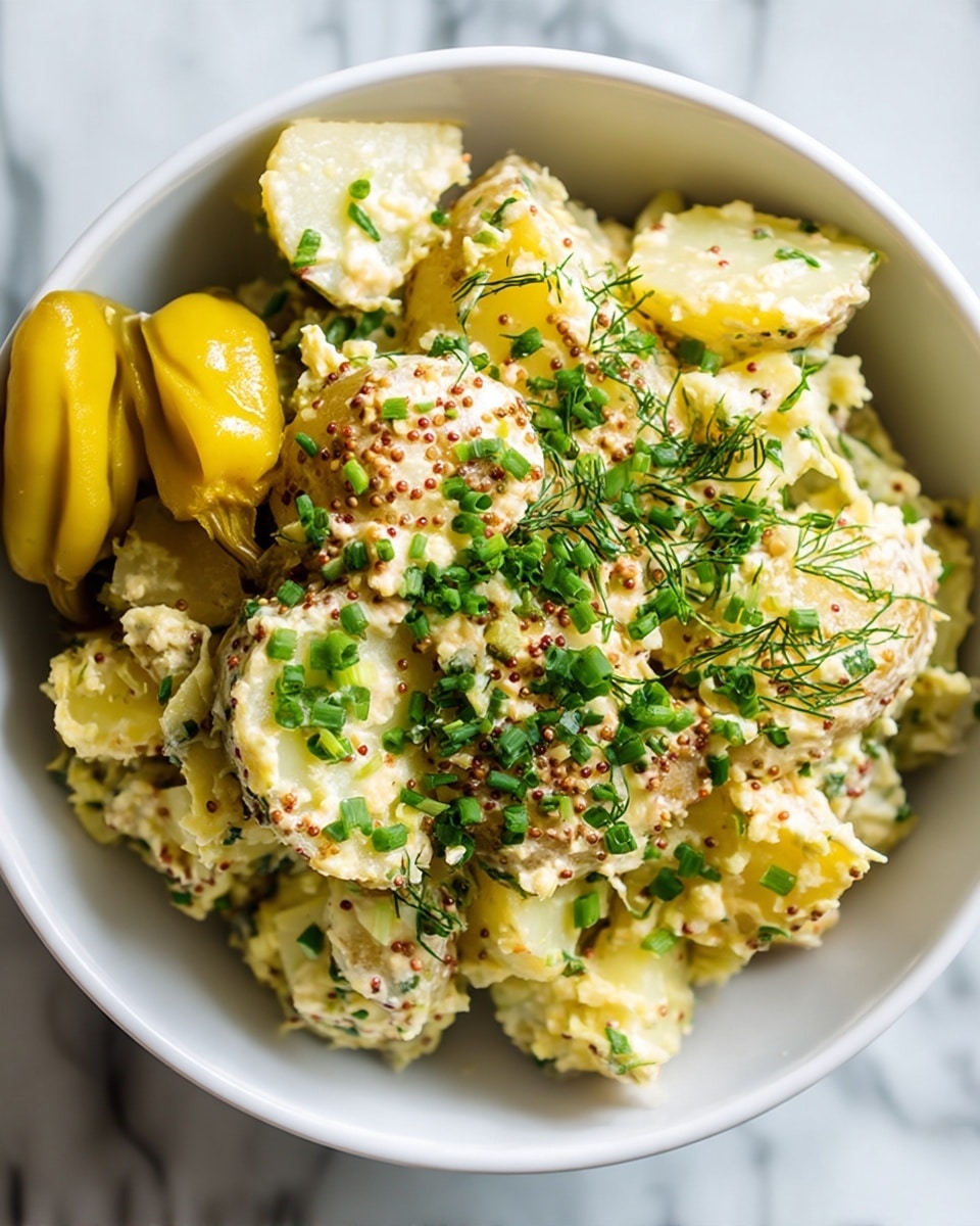 A close-up view of a bowl filled with chunky potato salad, showcasing roughly cut pale yellow potato pieces mixed with creamy dressing. The salad has small specks of dark mustard seeds and is sprinkled with bright green chopped chives spread evenly throughout. Next to the salad, there are two yellow pepperoncini peppers with smooth, shiny skin. The bowl holding the salad is white, and it rests on a surface with a white marbled texture. Photo taken with an iphone --ar 4:5 --v 7