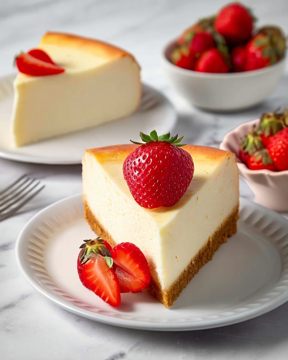 A creamy cheesecake with one main thick layer of pale yellow color and a slightly browned top, cut into slices and placed on three white plates. The largest plate in the back left holds the cheesecake with one slice cut out and topped with fresh red strawberry halves. One slice is on a white plate with a silver fork behind it in the top right, decorated with a halved strawberry on top. The front white plate has a single slice with two red strawberry halves on top. There is a small white dish in the bottom right with whole strawberries, and some fresh strawberries scattered on the white marbled surface around the plates. Photo taken with an iphone --ar 4:5 --v 7