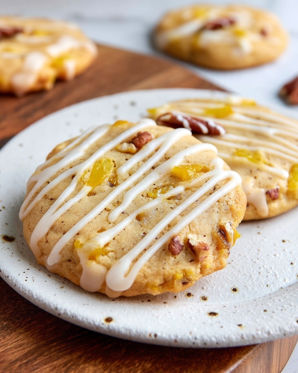 Two light golden brown cookies with a soft texture sit on a white speckled plate in the center. Each cookie is topped with thin diagonal drizzles of white icing and small bits of yellow fruit and pecans visible within the dough. One cookie has a bite taken out of it, showing its crumbly inside. The plate rests on a wooden board, with parts of more similar cookies visible around the edges. The background is a white marbled texture. photo taken with an iphone --ar 4:5 --v 7