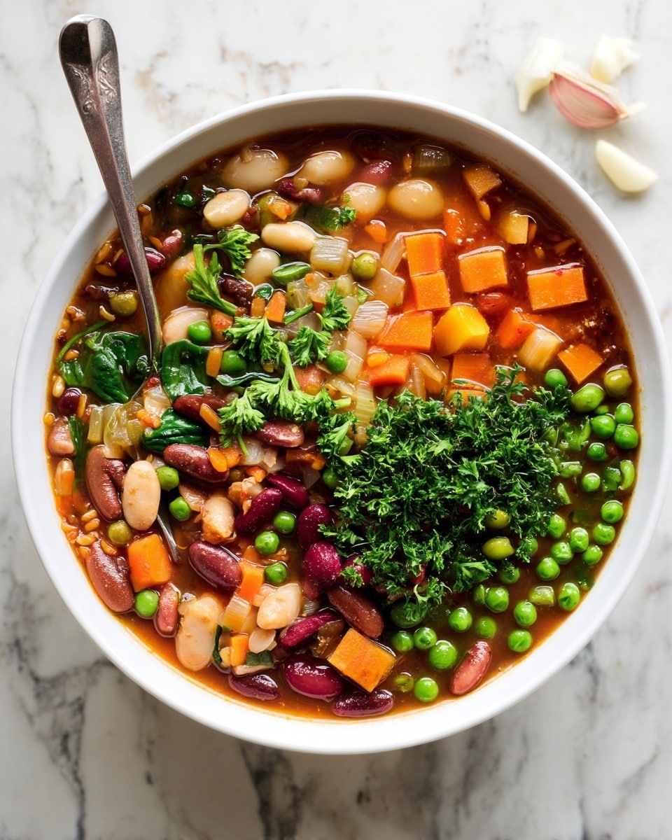 A white bowl filled with a thick vegetable and bean soup shows multiple layers of ingredients including red kidney beans, white beans, green peas, diced orange carrots, and dark green spinach leaves all swimming in a rich brown broth, topped with fresh green parsley sprigs. To the right, a portion of the soup pot filled with the same mixture is visible with a rough textured edge. In the upper-left corner, a small white bowl holds yellow olive oil. Above the bowl and pot is a cluster of garlic cloves with peeled skin beside fresh parsley on a white marbled surface. photo taken with an iphone --ar 4:5 --v 7