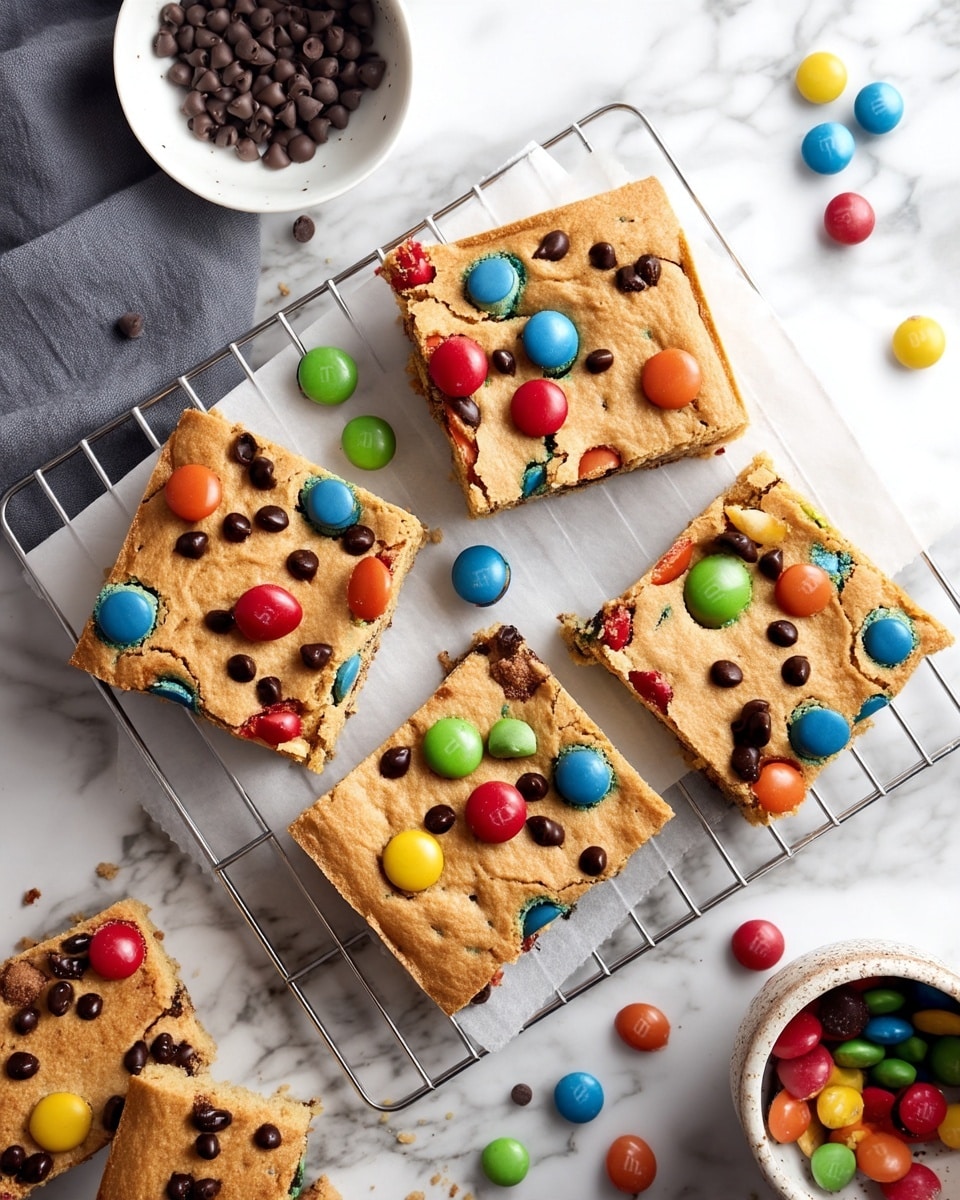 The image shows six square blondie bars with a light brown, slightly crumbly top layer studded with colorful candy-coated chocolate pieces in red, green, blue, yellow, and orange, as well as small dark chocolate chips spread evenly across. The blondies rest on white parchment paper placed over a silver wire cooling rack on a white marbled surface. A white bowl with dark chocolate chips is visible in the top left corner, and a speckled white bowl filled with more colorful candies sits at the bottom right. Some loose chips and candies are scattered on the surface around the bars. photo taken with an iphone --ar 4:5 --v 7