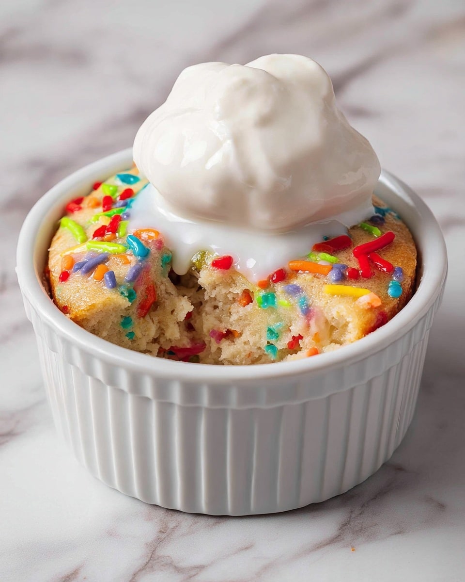 A white ceramic ramekin holds a single-layer vanilla cake mixed with bright, colorful sprinkles that show red, green, purple, blue, and orange bits inside and on top. The cake's texture looks soft and moist, with a small spoonful removed, revealing the fluffy inside. A dollop of smooth white whipped cream sits on the cake's center top. Next to the ramekin, a silver spoon lifts a piece of the same cake, showing the colorful sprinkle pattern inside. In the lower left corner, a white bowl is filled with more colorful sprinkles, and everything rests on a white marbled surface. photo taken with an iphone --ar 4:5 --v 7