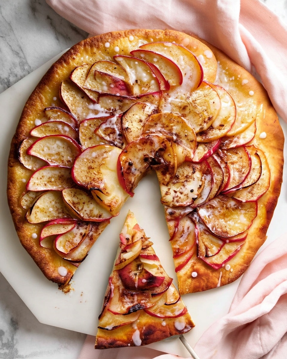 A close-up view of a round apple tart with one slice cut out and placed on a white marble surface nearby. The tart has a golden brown crust as the bottom layer, topped with a neat layer of thin, red apple slices arranged in a slightly overlapping circular pattern, showing hints of red and cream colors. The apples are sprinkled with a dusting of cinnamon and drizzled lightly with white icing, adding texture and contrast. The tart sits on a white marble surface with a light pink cloth partially visible on the side, and a silver utensil is lifting the cut slice. Photo taken with an iphone --ar 4:5 --v 7